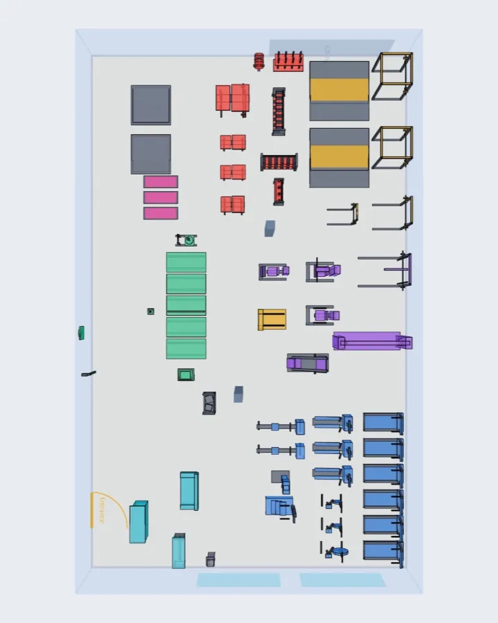 Top-down floor plan of a gym with racks, benches, cardio and machines placed to scale