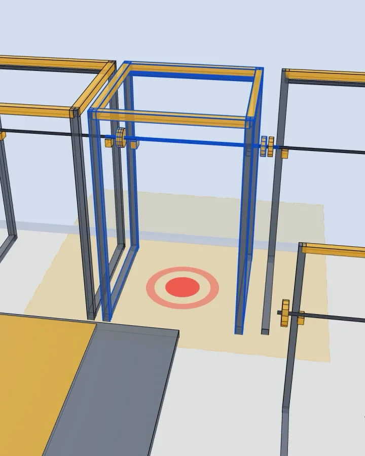 A power rack selected in the editor, its clearance area shaded, with a red ring where another piece intrudes